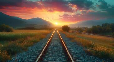 ai generado tren pista con puesta de sol en antecedentes foto