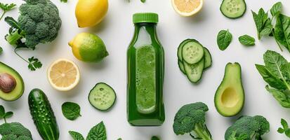 ai generado botella de verde jugo rodeado por frutas y vegetales foto