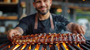 ai generado persona Cocinando comida en parrilla foto