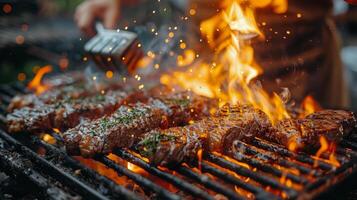 ai generado persona interrogatorio intenso filetes en parrilla con llamas foto