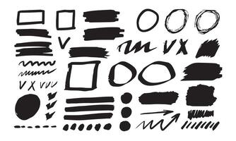 Hand drawn sketch black marker, brushed signs, lines, shapes, handwritten, marker design elements set vector