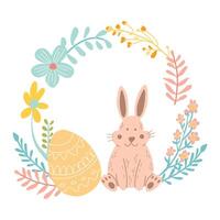 Composition with easter bunny, egg and flowers. Wreath vector