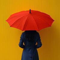 AI generated Girl with red umbrella on yellow background with her back turned to the camera. Woman holding umbrella in front of a background. Person under umbrella photo