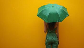 AI generated Girl with green umbrella on yellow background with her back turned to the camera. Woman holding umbrella in front of a background. Person under umbrella photo