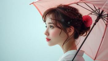 AI generated portrait of a woman under a light pink umbrella. Beautiful woman holding an umbrella under pouring rain. Woman with umbrella looking into the distance. Profile of a woman with umbrella photo