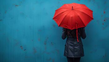 AI generated Girl with red umbrella on blue background with her back turned to the camera. Girl holding umbrella in front of a background. Person under umbrella photo