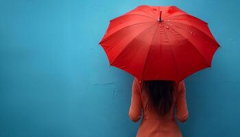 AI generated Girl with red umbrella on blue background with her back turned to the camera. Girl holding umbrella in front of a background. Person under umbrella photo