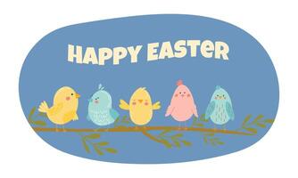 Happy Easter. Cute birds on branch. vector