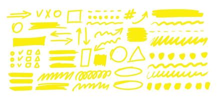 Hand-drawn shapes and lines - highlighters. Yellow Vector set.