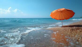 ai generado sombrilla en el playa durante Hora de verano. sombrilla para sombra proteccion en un soleado playa en un tropical destino con olas estrellarse el playa. tropical destino foto