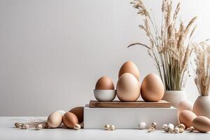AI generated Natural Easter eggs on podium with spring flowers - Easter banner with a space for text. rustic Easter background. AI generated photo