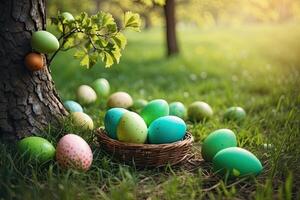 AI generated The branches of the spring tree are decorated with colorful Easter eggs. Easter postcard, spring nature, AI generated photo