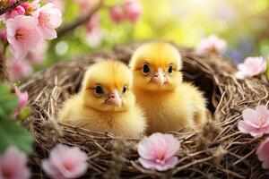 ai generado linda mullido amarillo polluelos en un primavera floreciente nido de leña menuda y flores en naturaleza. primavera tarjeta, primavera tiempo, niños, infancia. ai generado foto