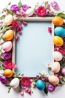 AI generated Multicolored Easter eggs frame with spring flowers - Easter card with a space for text. rustic Easter background photo