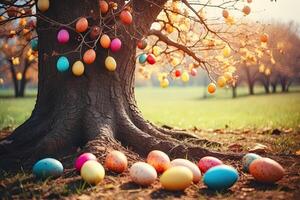 AI generated The branches of the spring tree are decorated with colorful Easter eggs. Easter postcard, spring nature, AI generated photo