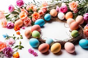 AI generated Multicolored Easter eggs frame with spring flowers - Easter card with a space for text. rustic Easter background photo