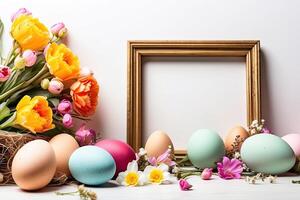 ai generado multicolor Pascua de Resurrección huevos marco con primavera flores - Pascua de Resurrección tarjeta con un espacio para texto. rústico Pascua de Resurrección antecedentes foto