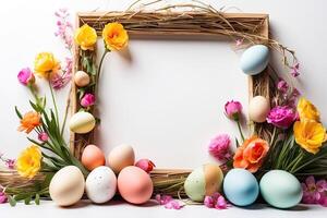 AI generated Multicolored Easter eggs frame with spring flowers - Easter card with a space for text. rustic Easter background photo