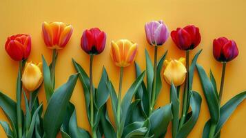 ai generado vistoso tulipanes grupo en amarillo antecedentes foto