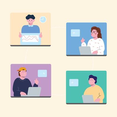 work at home vector flat illustration style online career illustration room coworkers young  freelancer working on laptop or computer at home simple concept
