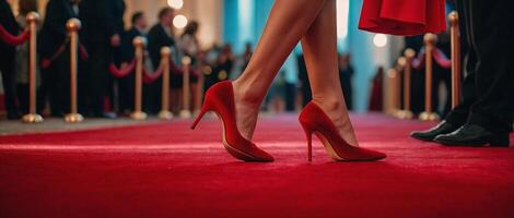 ai generado rojo alto tacones en rojo alfombra foto