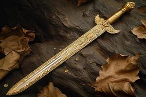 AI generated Majestic Ancient relic sword gold. Generate Ai photo