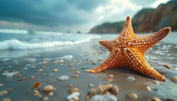 ai generado estrella de mar en el playa. estrella de mar en el arena de cerca. de cerca de un mar estrella en un arenoso playa en tropical ubicación foto