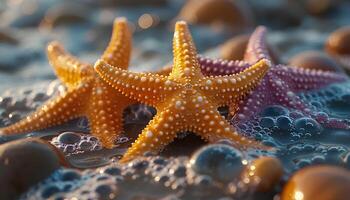 ai generado estrella de mar en el playa. estrella de mar en el arena de cerca. de cerca de un mar estrella en un arenoso playa en tropical ubicación foto