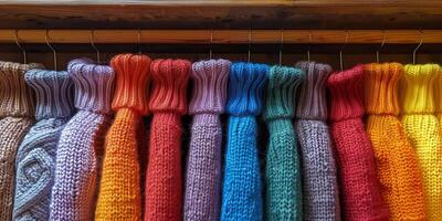 AI generated Colorful Sweaters Hanging on Wooden Rack photo