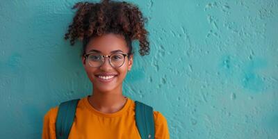 AI generated Girl With Glasses Holding Book in Library photo