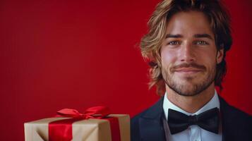 AI generated Man in a Tuxedo Holding a Red Gift Box photo