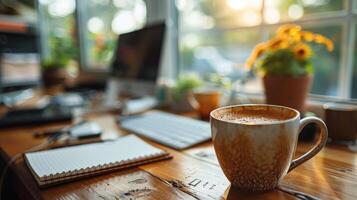 ai generado un taza de café en un de madera mesa foto