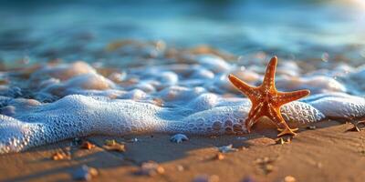 ai generado estrella de mar descansando en arenoso playa por Oceano foto