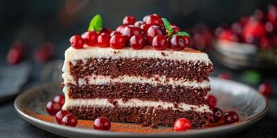 AI generated Decadent Chocolate Cake Slice With Raspberries photo