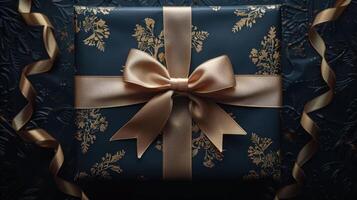 AI generated Blue Gift Box With Gold Bow photo