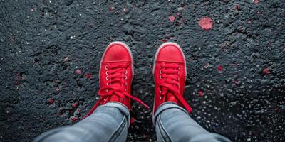 ai generado personas pies en rojo zapatillas en negro superficie foto