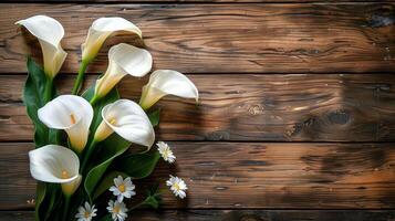 AI generated Vase With White Flowers on Wooden Table photo