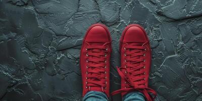 AI generated Persons Feet in Red Sneakers on Black Surface photo