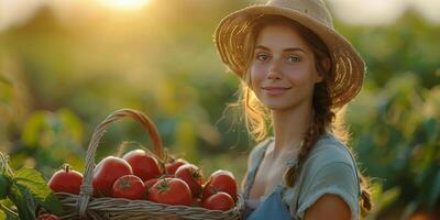 AI generated Woman Holding a Basket of Tomatoes in a Field photo