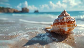 AI generated Seashell on the beach. Sea shell on the sand closeup. Closeup of a seashell on a sandy beach in tropical location. Salt water seashell photo