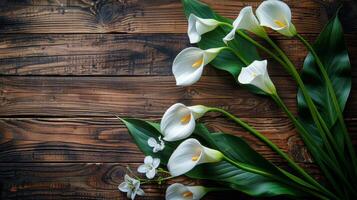 AI generated Vase With White Flowers on Wooden Table photo