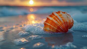 AI generated Seashell on the beach. Sea shell on the sand closeup. Closeup of a seashell on a sandy beach in tropical location. Salt water seashell photo