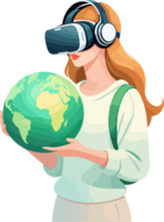 ai generato ragazza indossare virtuale la realtà vr cuffia e verde globo arte, mondo terra giorno, Salva mondo Salva ambiente concetto, ecologia, futuristico tecnologia, inteligente dispositivo innovazione, digitale mondo png