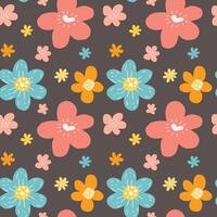 Seamless repeat pattern with flowers on dark background. vector