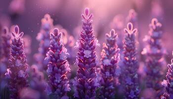 AI generated Lavender field at sunset. Closeup of lavender plant blooming under the sun during summertime. Purple flowers from aromatic plant lavender. Lavender and sunset photo