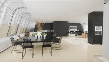 interior of modern house, kitchen and dining room photo