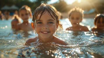 AI generated Young Girl Smiles While Swimming in Pool photo