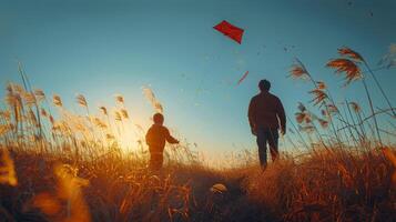 AI generated Man and Child Flying Kite in Field photo