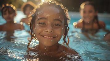 ai generado joven niña sonrisas mientras nadando en piscina foto