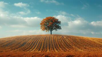 ai generado solitario árbol en medio de arado campo foto